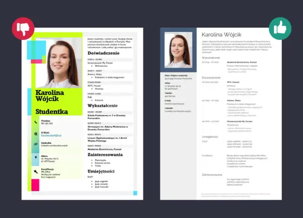 Przykładowe CV studentki Karolina Wójcik, z sekcjami: doświadczenie, wykształcenie, umiejętności i zainteresowania.