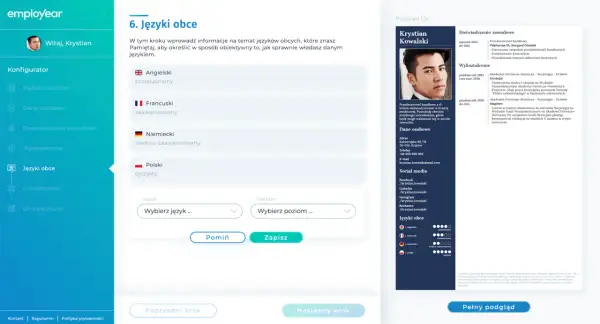 Sekcja "Języki obce" w kreatorze CV. Określanie poziomów znajomości języka cv: angielski, francuski, niemiecki, polski.
