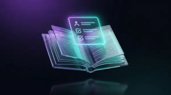 Szklana księga z neonowym zarysem listy zadań, przypominająca, co powinno zawierać CV.