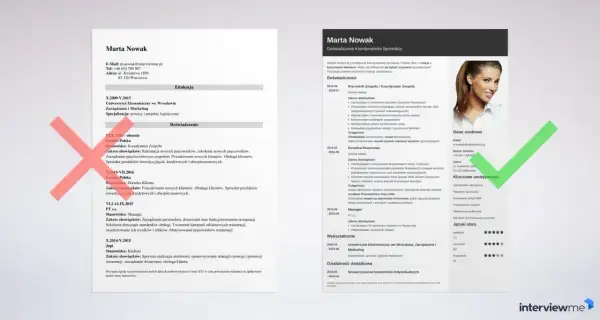 CV Marty Nowak z sekcją "Kluczowe umiejętności", gdzie wymieniono cechy charakteru do CV, np. zarządzanie sprzedażą, wsparcie sprzedaży.