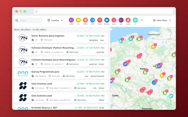 Przegląd ofert pracy dla programistów: zobacz, ile zarabia programista w Polsce, od backend do fullstack. Mapa pokazuje lokalizacje ofert.