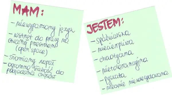Mocne i słabe strony przykłady: "Mam" - niewyparzony język, wstręt do pracy w open space, słomiany zapał. "Jestem" - spóźnialska, chaotyczna, niecierpliwa.