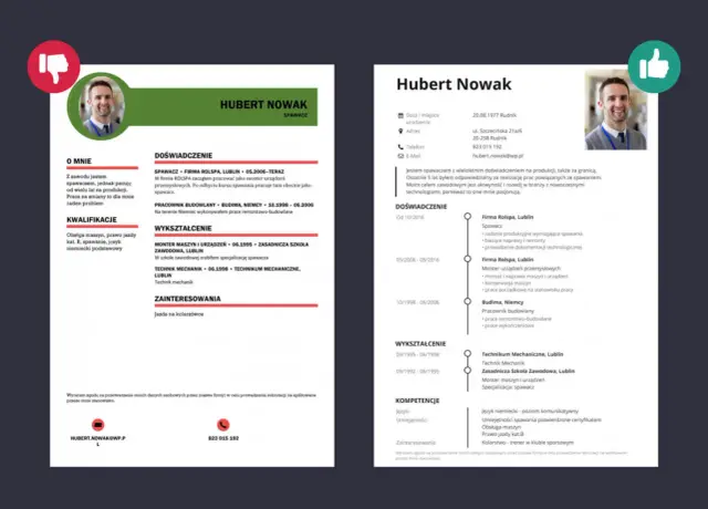 CV spawacza Huberta Nowaka. Zawiera dane kontaktowe, doświadczenie, wykształcenie i umiejętności. Idealne, by pokazać, co napisać w CV.